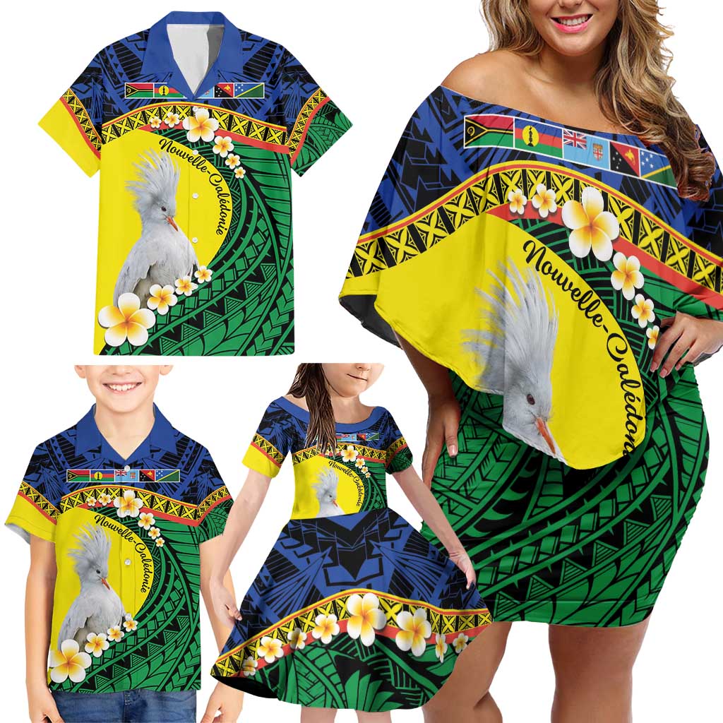 Melanesian New Caledonia Family Matching Off Shoulder Short Dress and Hawaiian Shirt Plumeria Kagu Bird and Nautilus Shell LT9 - Polynesian Pride