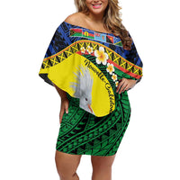 Melanesian New Caledonia Family Matching Off Shoulder Short Dress and Hawaiian Shirt Plumeria Kagu Bird and Nautilus Shell LT9 Mom's Dress Blue - Polynesian Pride