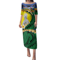Melanesian New Caledonia Family Matching Puletasi and Hawaiian Shirt Plumeria Kagu Bird and Nautilus Shell LT9 Mom's Dress Blue - Polynesian Pride