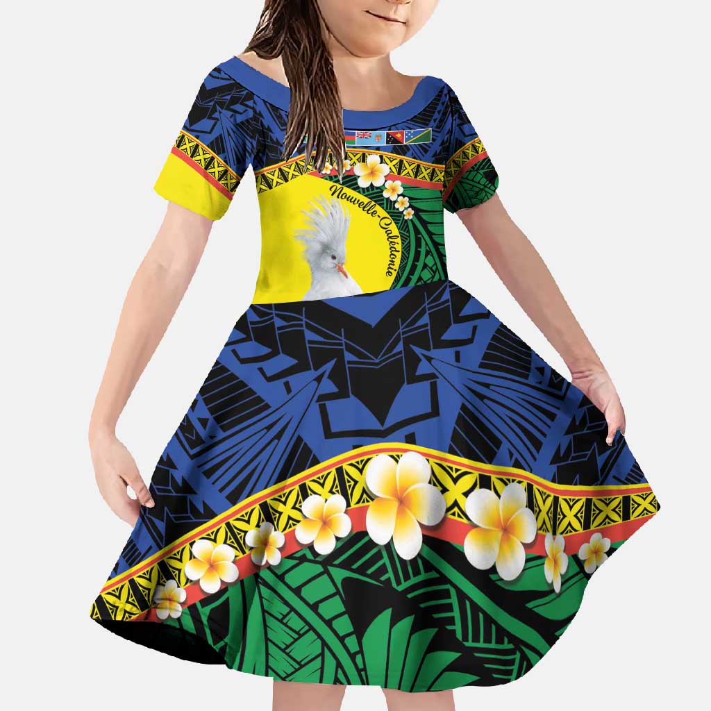 Melanesian New Caledonia Family Matching Summer Maxi Dress and Hawaiian Shirt Plumeria Kagu Bird and Nautilus Shell LT9 Daughter's Dress Blue - Polynesian Pride