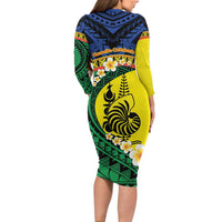 Melanesian New Caledonia Long Sleeve Bodycon Dress Plumeria Kagu Bird and Nautilus Shell LT9 - Polynesian Pride