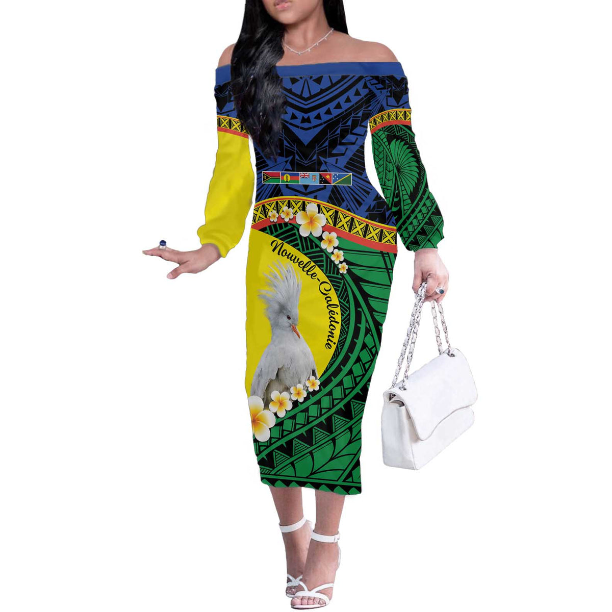 Melanesian New Caledonia Off The Shoulder Long Sleeve Dress Plumeria Kagu Bird and Nautilus Shell LT9 Women Blue - Polynesian Pride