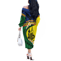 Melanesian New Caledonia Off The Shoulder Long Sleeve Dress Plumeria Kagu Bird and Nautilus Shell LT9 - Polynesian Pride
