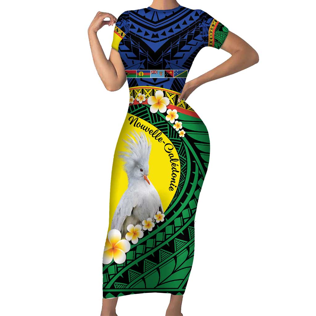 Melanesian New Caledonia Short Sleeve Bodycon Dress Plumeria Kagu Bird and Nautilus Shell LT9 Long Dress Blue - Polynesian Pride