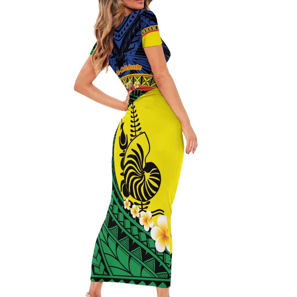 Melanesian New Caledonia Short Sleeve Bodycon Dress Plumeria Kagu Bird and Nautilus Shell LT9 - Polynesian Pride