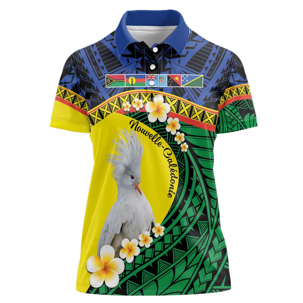 Melanesian New Caledonia Women Polo Shirt Plumeria Kagu Bird and Nautilus Shell LT9 Female Blue - Polynesian Pride