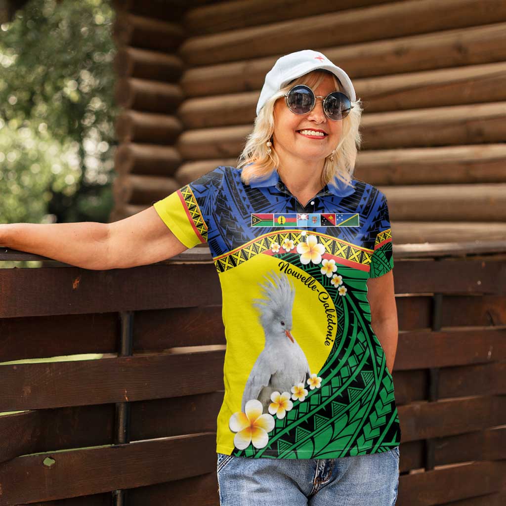 Melanesian New Caledonia Women Polo Shirt Plumeria Kagu Bird and Nautilus Shell LT9 - Polynesian Pride