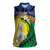 Melanesian New Caledonia Women Sleeveless Polo Shirt Plumeria Kagu Bird and Nautilus Shell LT9 Female Blue - Polynesian Pride