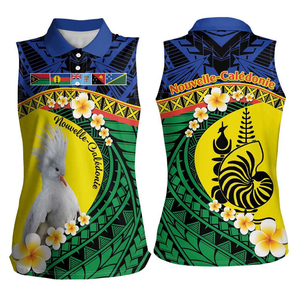 Melanesian New Caledonia Women Sleeveless Polo Shirt Plumeria Kagu Bird and Nautilus Shell LT9 - Polynesian Pride