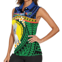 Melanesian New Caledonia Women Sleeveless Polo Shirt Plumeria Kagu Bird and Nautilus Shell LT9 - Polynesian Pride