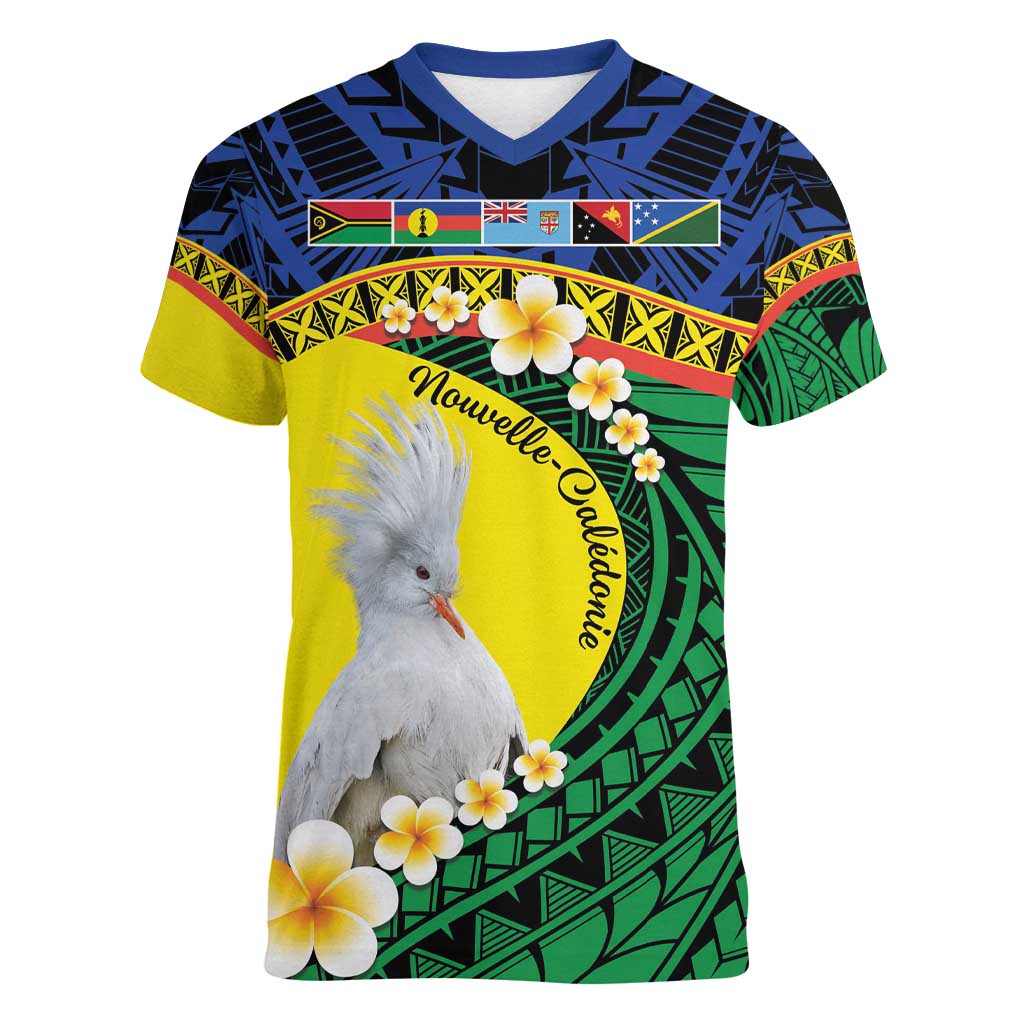 Melanesian New Caledonia Women V-Neck T-Shirt Plumeria Kagu Bird and Nautilus Shell LT9 Female Blue - Polynesian Pride