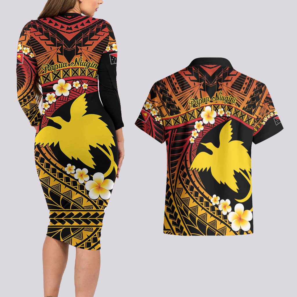 Melanesian Papua New Guinea Couples Matching Long Sleeve Bodycon Dress and Hawaiian Shirt Plumeria Bird of Paradise Tribal LT9 - Polynesian Pride