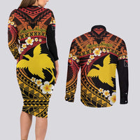 Melanesian Papua New Guinea Couples Matching Long Sleeve Bodycon Dress and Long Sleeve Button Shirt Plumeria Bird of Paradise Tribal LT9 - Polynesian Pride