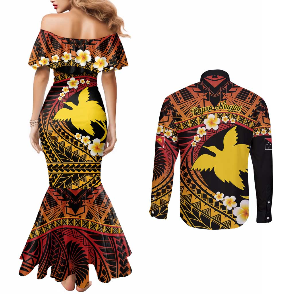 Melanesian Papua New Guinea Couples Matching Mermaid Dress and Long Sleeve Button Shirt Plumeria Bird of Paradise Tribal LT9 - Polynesian Pride