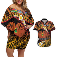 Melanesian Papua New Guinea Couples Matching Off Shoulder Short Dress and Hawaiian Shirt Plumeria Bird of Paradise Tribal LT9 Red - Polynesian Pride