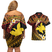 Melanesian Papua New Guinea Couples Matching Off Shoulder Short Dress and Hawaiian Shirt Plumeria Bird of Paradise Tribal LT9 - Polynesian Pride
