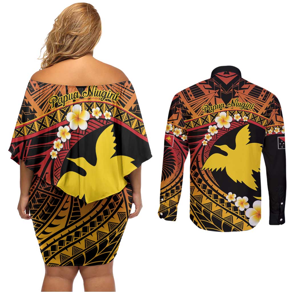 Melanesian Papua New Guinea Couples Matching Off Shoulder Short Dress and Long Sleeve Button Shirt Plumeria Bird of Paradise Tribal LT9 - Polynesian Pride