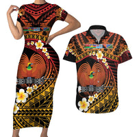 Melanesian Papua New Guinea Couples Matching Short Sleeve Bodycon Dress and Hawaiian Shirt Plumeria Bird of Paradise Tribal LT9 Red - Polynesian Pride