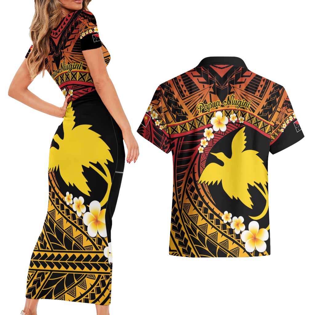 Melanesian Papua New Guinea Couples Matching Short Sleeve Bodycon Dress and Hawaiian Shirt Plumeria Bird of Paradise Tribal LT9 - Polynesian Pride