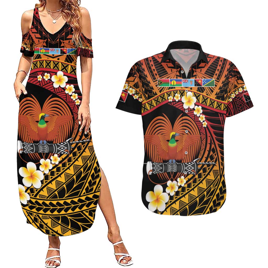Melanesian Papua New Guinea Couples Matching Summer Maxi Dress and Hawaiian Shirt Plumeria Bird of Paradise Tribal LT9 Red - Polynesian Pride