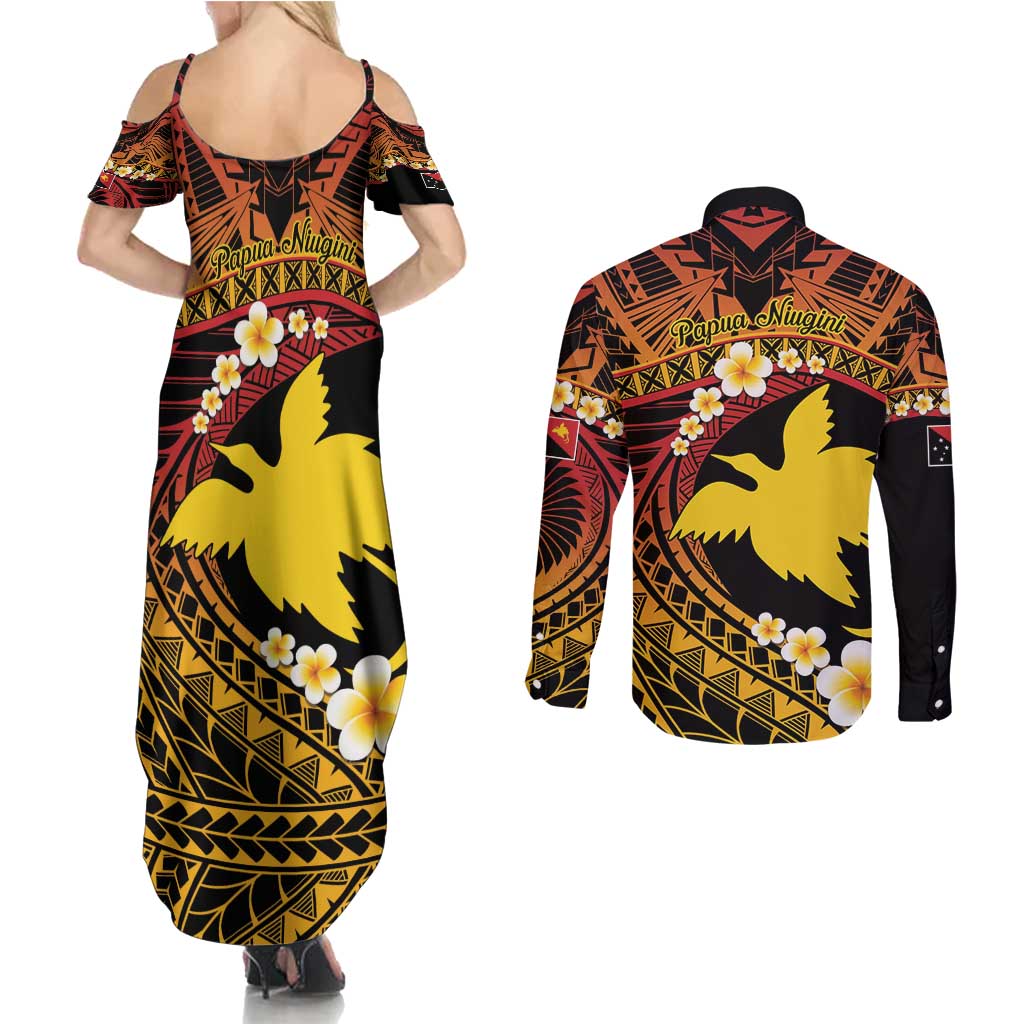 Melanesian Papua New Guinea Couples Matching Summer Maxi Dress and Long Sleeve Button Shirt Plumeria Bird of Paradise Tribal LT9 - Polynesian Pride