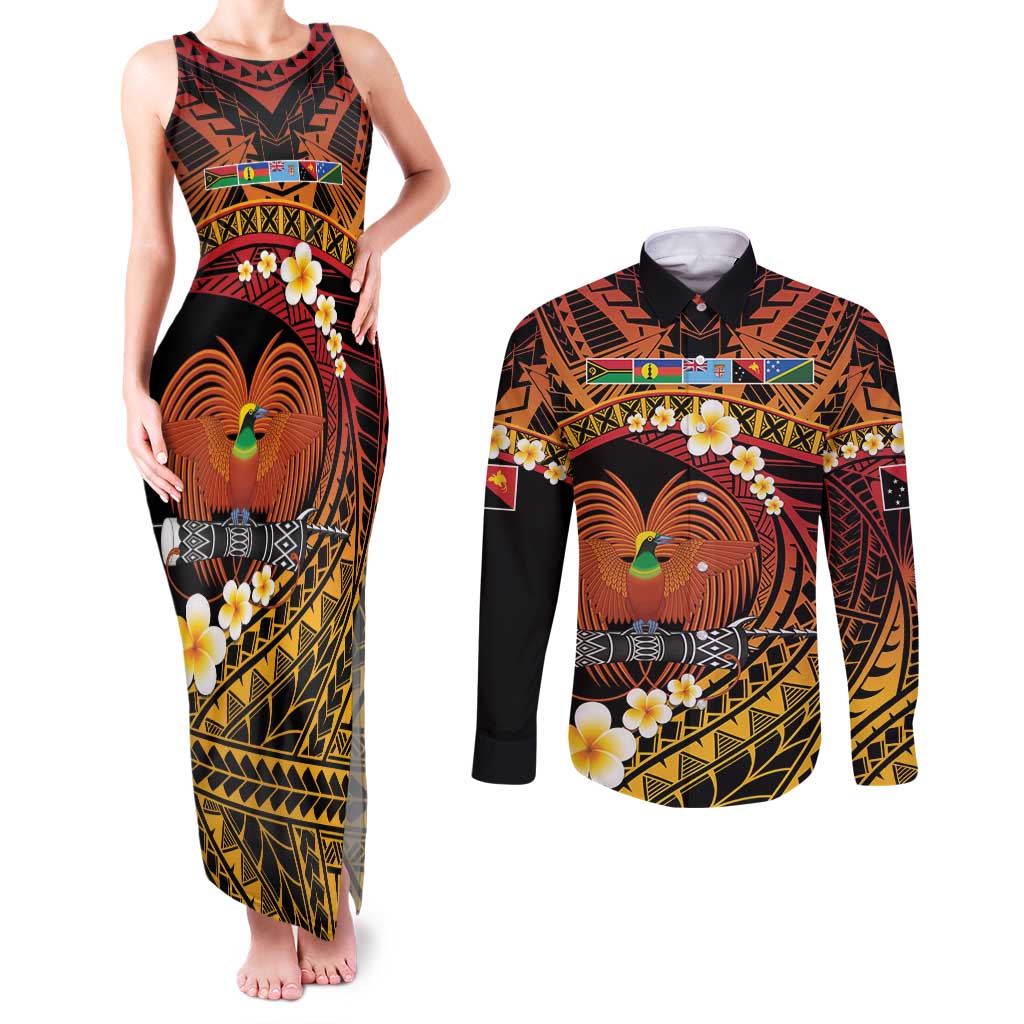 Melanesian Papua New Guinea Couples Matching Tank Maxi Dress and Long Sleeve Button Shirt Plumeria Bird of Paradise Tribal LT9 Red - Polynesian Pride