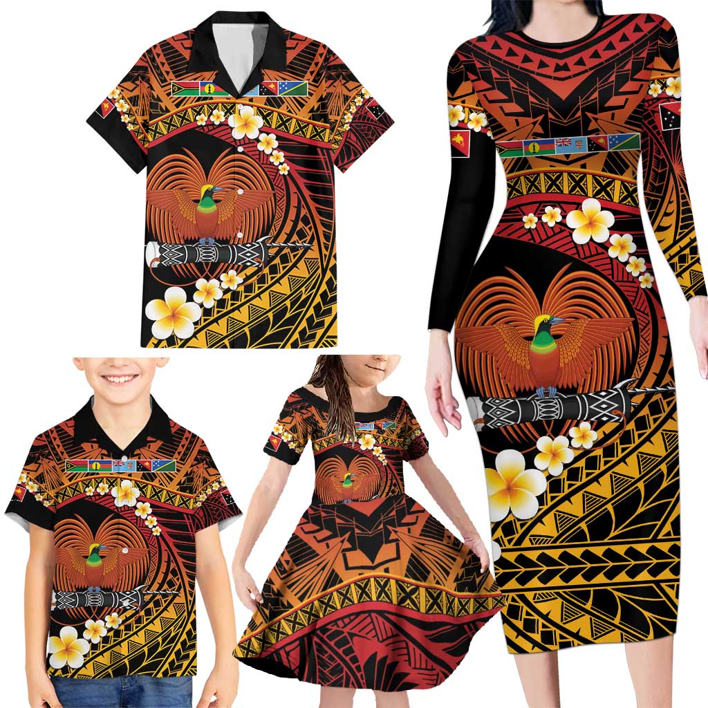 Melanesian Papua New Guinea Family Matching Long Sleeve Bodycon Dress and Hawaiian Shirt Plumeria Bird of Paradise Tribal LT9 - Polynesian Pride