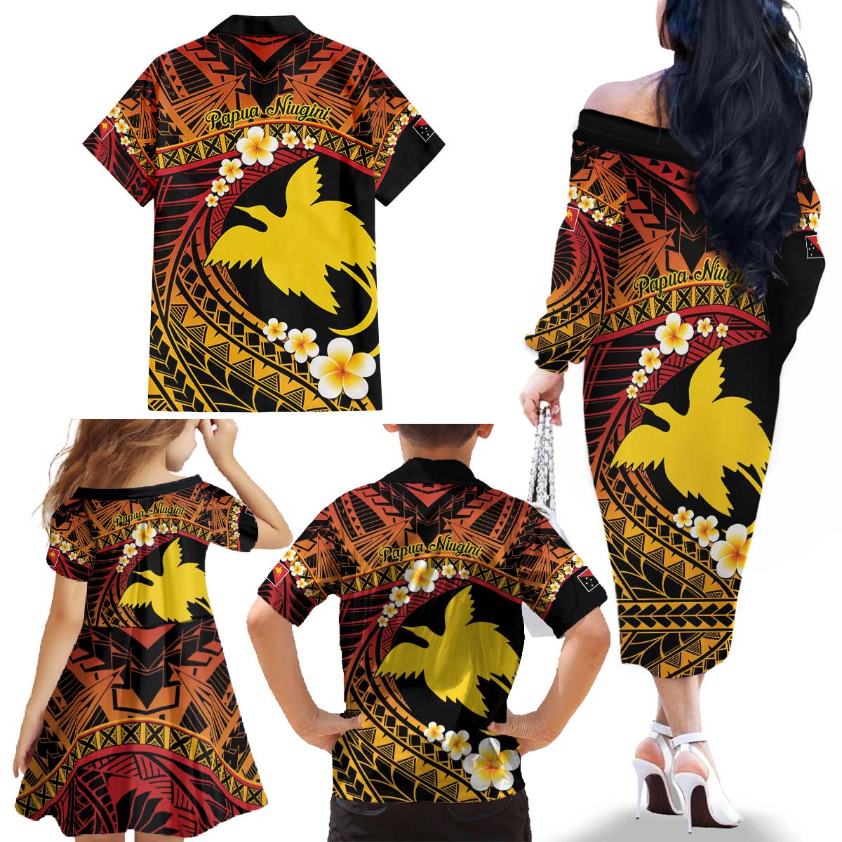 Melanesian Papua New Guinea Family Matching Off The Shoulder Long Sleeve Dress and Hawaiian Shirt Plumeria Bird of Paradise Tribal LT9 - Polynesian Pride