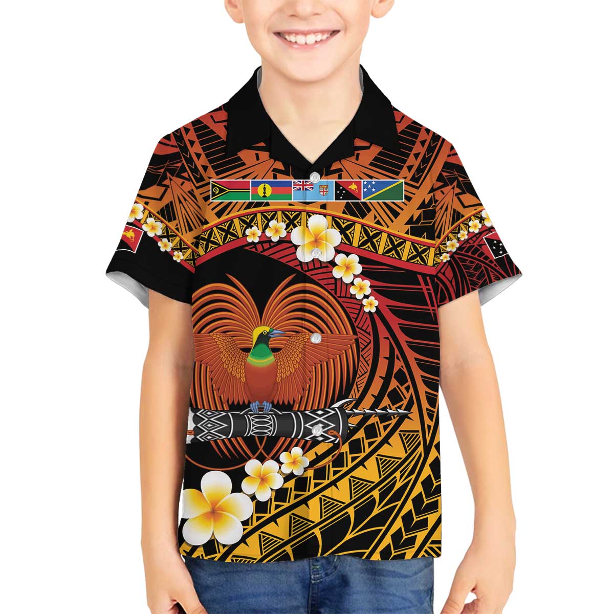 Melanesian Papua New Guinea Family Matching Off The Shoulder Long Sleeve Dress and Hawaiian Shirt Plumeria Bird of Paradise Tribal LT9 Son's Shirt Red - Polynesian Pride