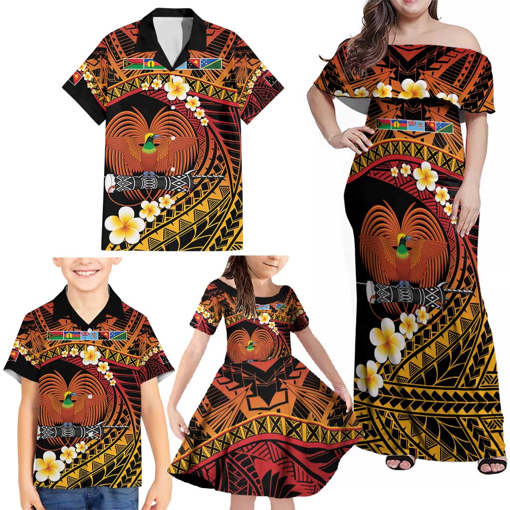 Melanesian Papua New Guinea Family Matching Off Shoulder Maxi Dress and Hawaiian Shirt Plumeria Bird of Paradise Tribal LT9 - Polynesian Pride