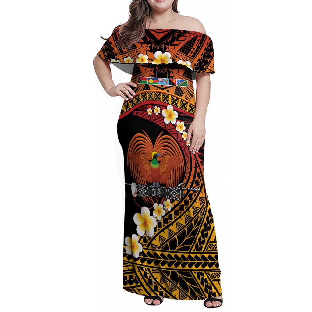 Melanesian Papua New Guinea Family Matching Off Shoulder Maxi Dress and Hawaiian Shirt Plumeria Bird of Paradise Tribal LT9 Mom's Dress Red - Polynesian Pride