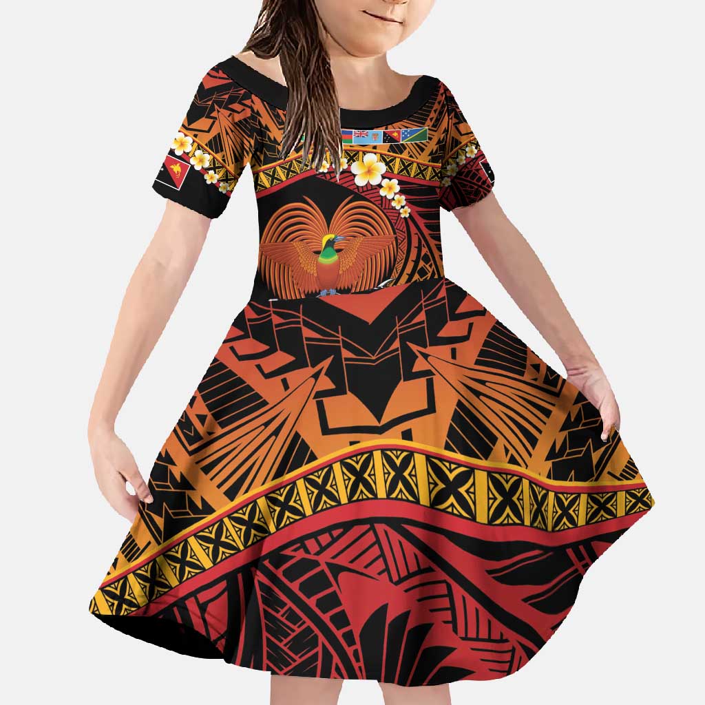 Melanesian Papua New Guinea Family Matching Summer Maxi Dress and Hawaiian Shirt Plumeria Bird of Paradise Tribal LT9 Daughter's Dress Red - Polynesian Pride