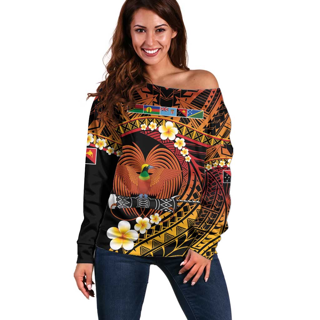 Melanesian Papua New Guinea Off Shoulder Sweater Plumeria Bird of Paradise Tribal LT9 Women Red - Polynesian Pride