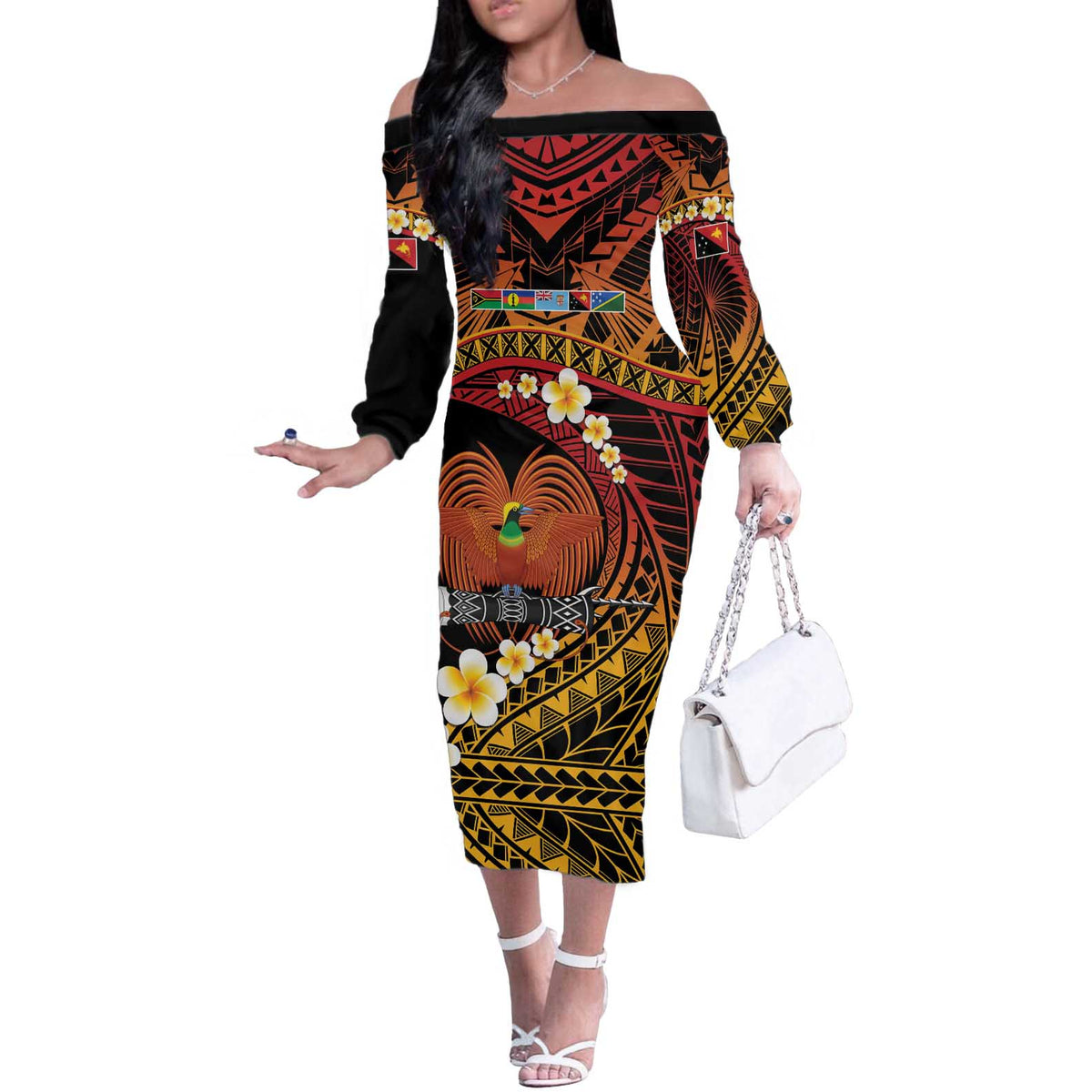 Melanesian Papua New Guinea Off The Shoulder Long Sleeve Dress Plumeria Bird of Paradise Tribal LT9 Women Red - Polynesian Pride