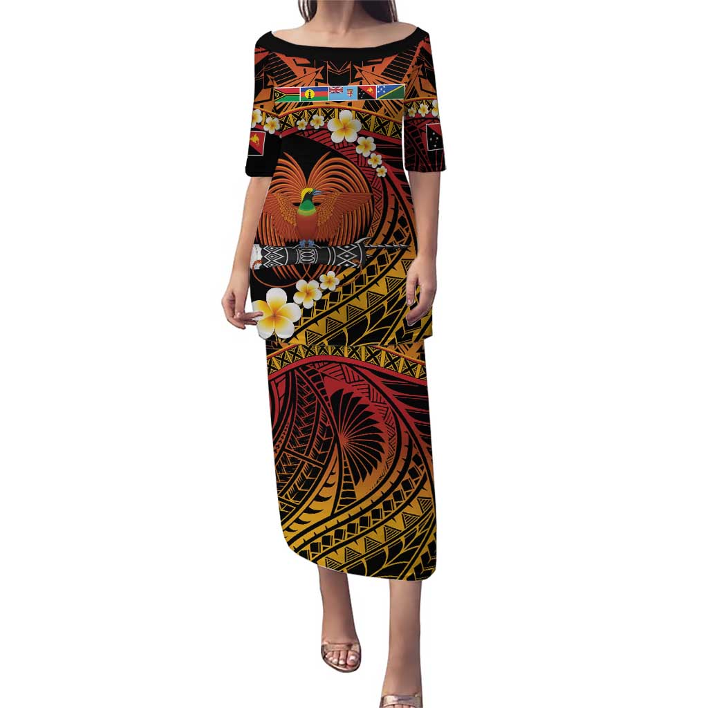 Melanesian Papua New Guinea Puletasi Plumeria Bird of Paradise Tribal LT9 Long Dress Red - Polynesian Pride