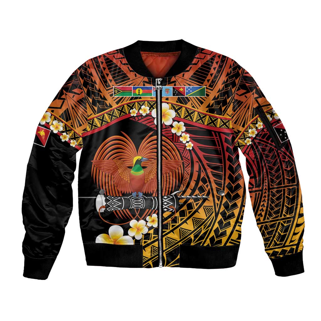 Melanesian Papua New Guinea Sleeve Zip Bomber Jacket Plumeria Bird of Paradise Tribal LT9 Unisex Red - Polynesian Pride