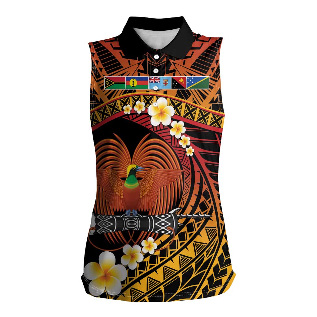 Melanesian Papua New Guinea Women Sleeveless Polo Shirt Plumeria Bird of Paradise Tribal LT9 Female Red - Polynesian Pride