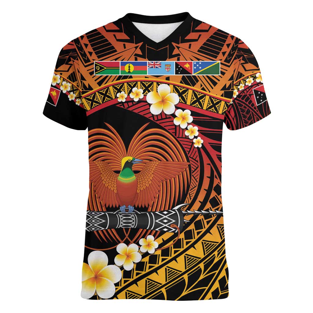 Melanesian Papua New Guinea Women V-Neck T-Shirt Plumeria Bird of Paradise Tribal LT9 Female Red - Polynesian Pride