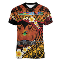 Melanesian Papua New Guinea Women V-Neck T-Shirt Plumeria Bird of Paradise Tribal LT9 Female Red - Polynesian Pride