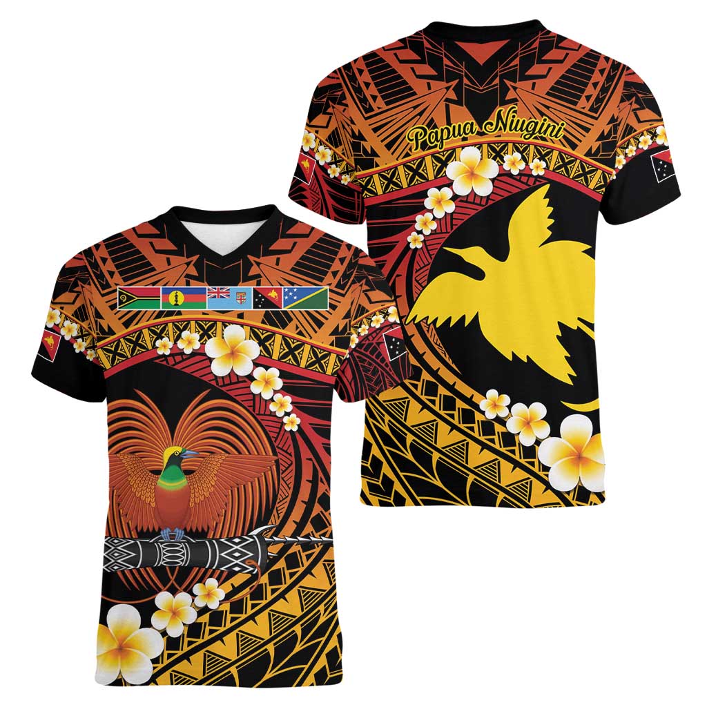 Melanesian Papua New Guinea Women V-Neck T-Shirt Plumeria Bird of Paradise Tribal LT9 - Polynesian Pride