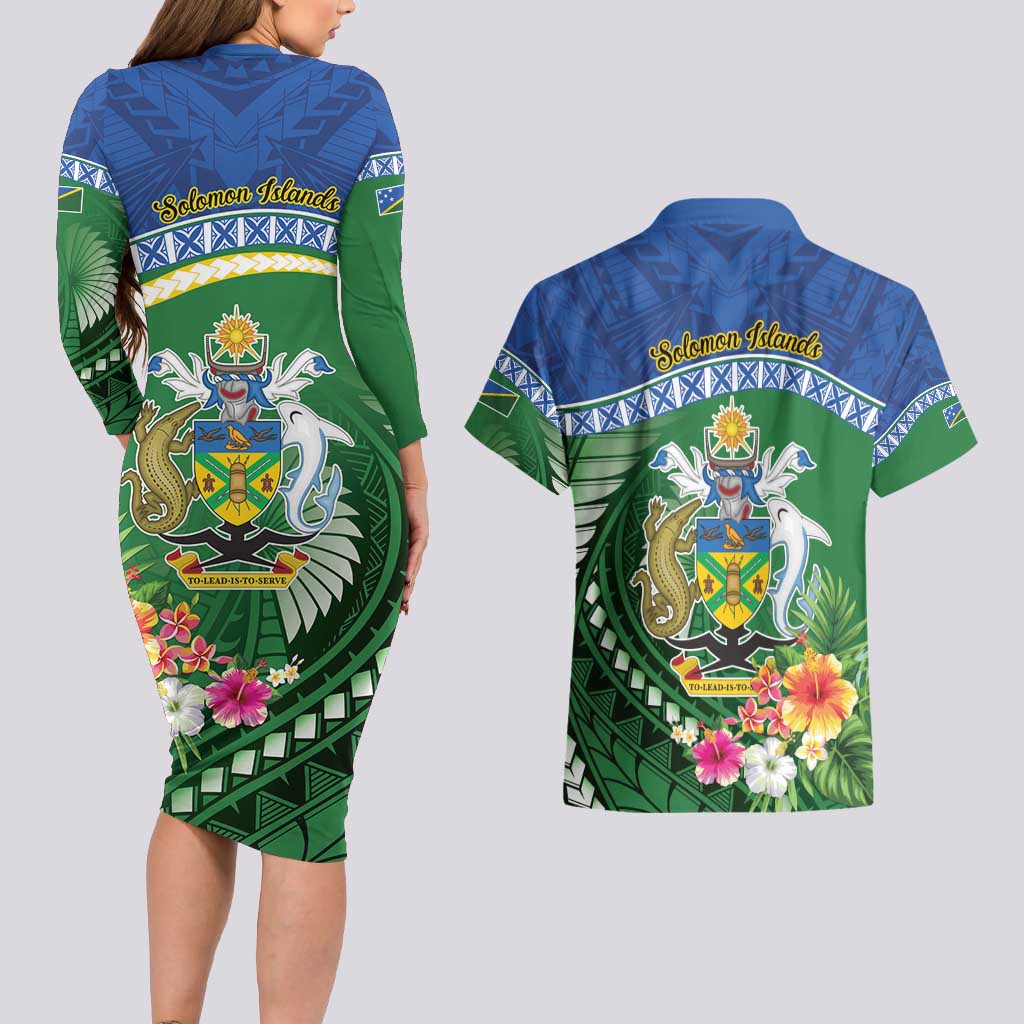 Melanesian Solomon Islands Couples Matching Long Sleeve Bodycon Dress and Hawaiian Shirt Tropical Shark Tattoo LT9 - Polynesian Pride