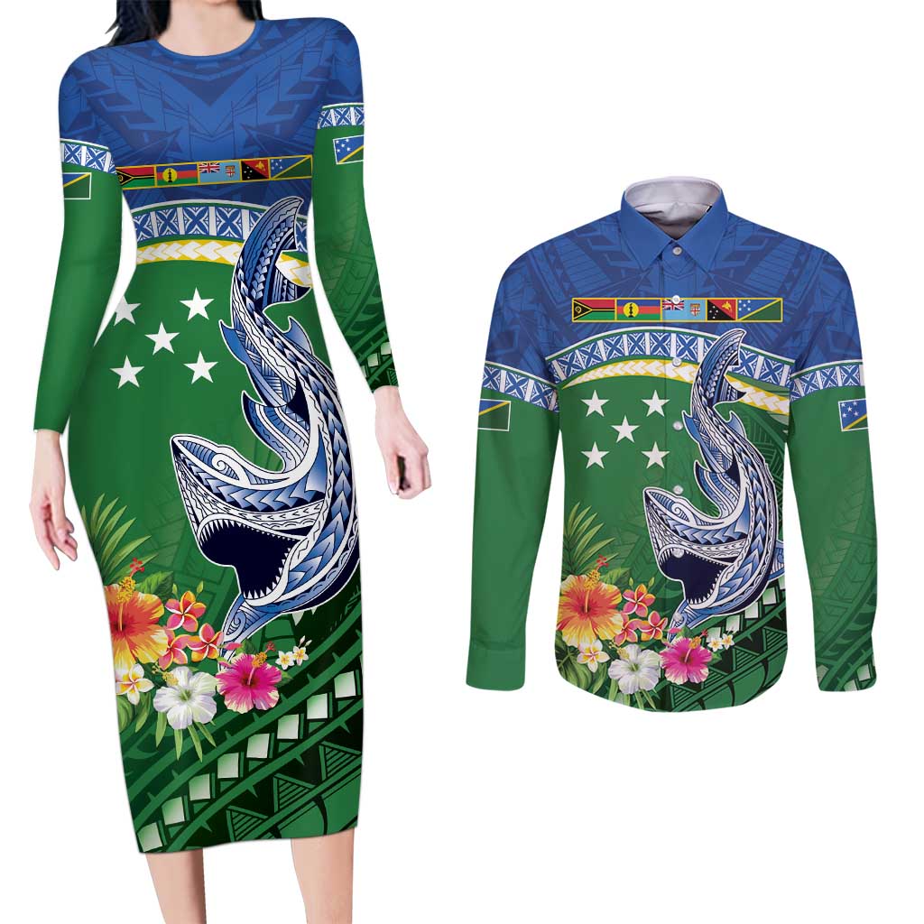 Melanesian Solomon Islands Couples Matching Long Sleeve Bodycon Dress and Long Sleeve Button Shirt Tropical Shark Tattoo LT9 Blue - Polynesian Pride
