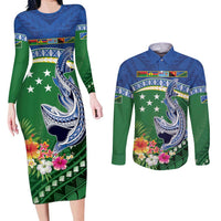 Melanesian Solomon Islands Couples Matching Long Sleeve Bodycon Dress and Long Sleeve Button Shirt Tropical Shark Tattoo LT9 Blue - Polynesian Pride