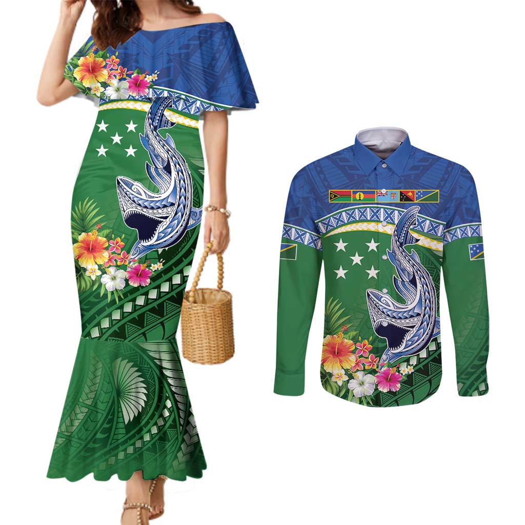 Melanesian Solomon Islands Couples Matching Mermaid Dress and Long Sleeve Button Shirt Tropical Shark Tattoo LT9 Blue - Polynesian Pride