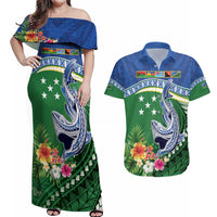 Melanesian Solomon Islands Couples Matching Off Shoulder Maxi Dress and Hawaiian Shirt Tropical Shark Tattoo LT9 Blue - Polynesian Pride