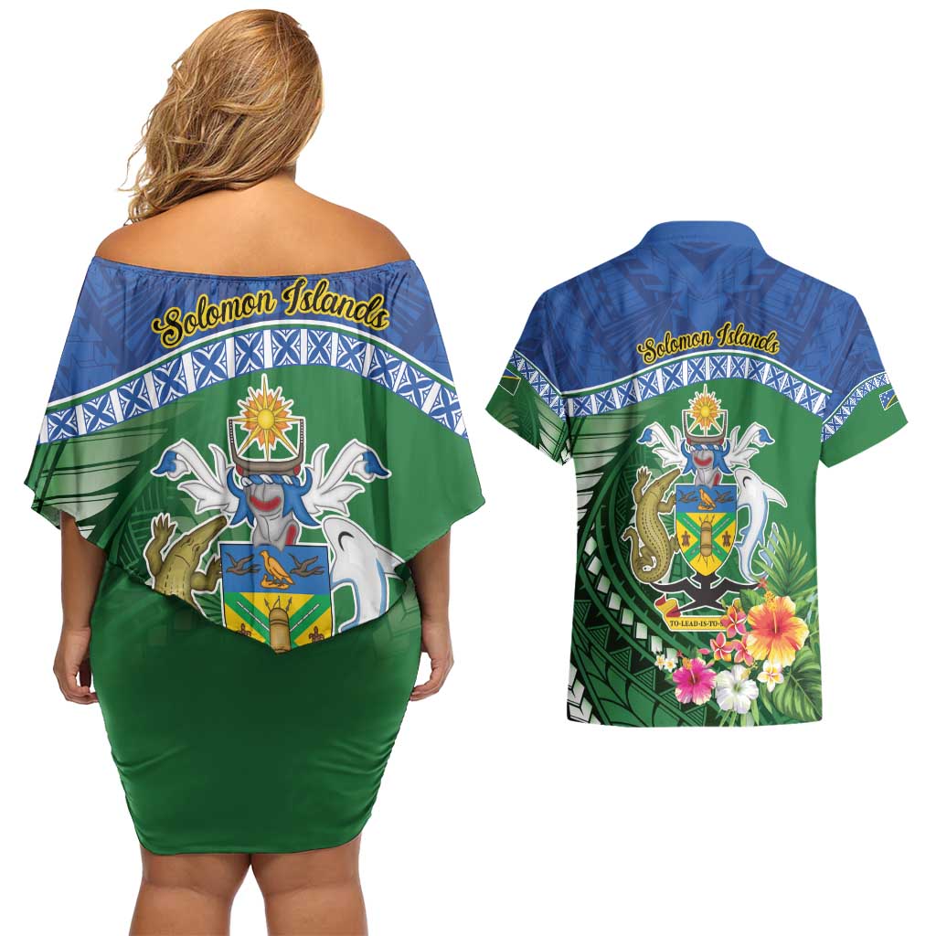 Melanesian Solomon Islands Couples Matching Off Shoulder Short Dress and Hawaiian Shirt Tropical Shark Tattoo LT9 - Polynesian Pride