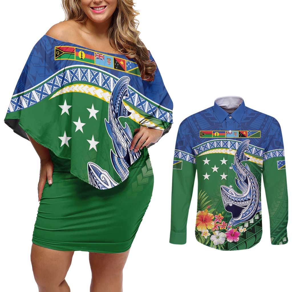 Melanesian Solomon Islands Couples Matching Off Shoulder Short Dress and Long Sleeve Button Shirt Tropical Shark Tattoo LT9 Blue - Polynesian Pride