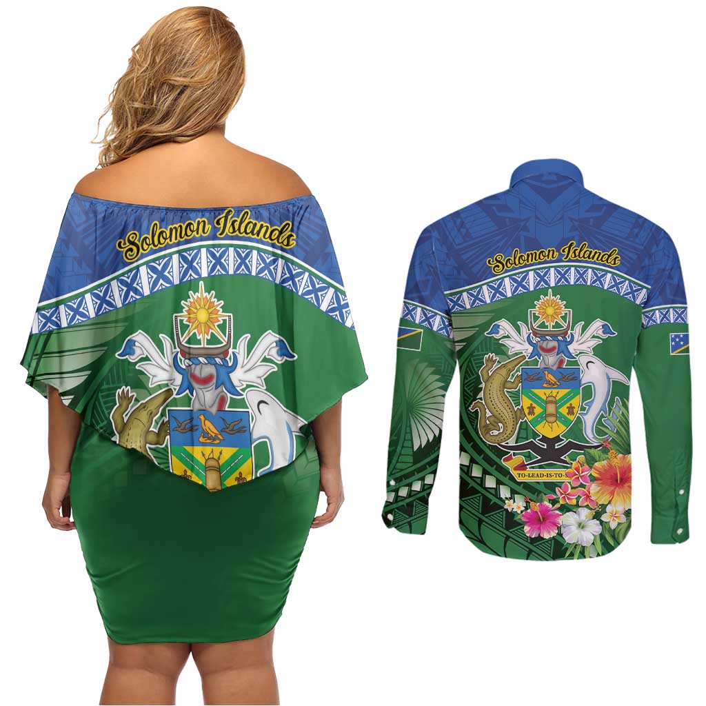 Melanesian Solomon Islands Couples Matching Off Shoulder Short Dress and Long Sleeve Button Shirt Tropical Shark Tattoo LT9 - Polynesian Pride