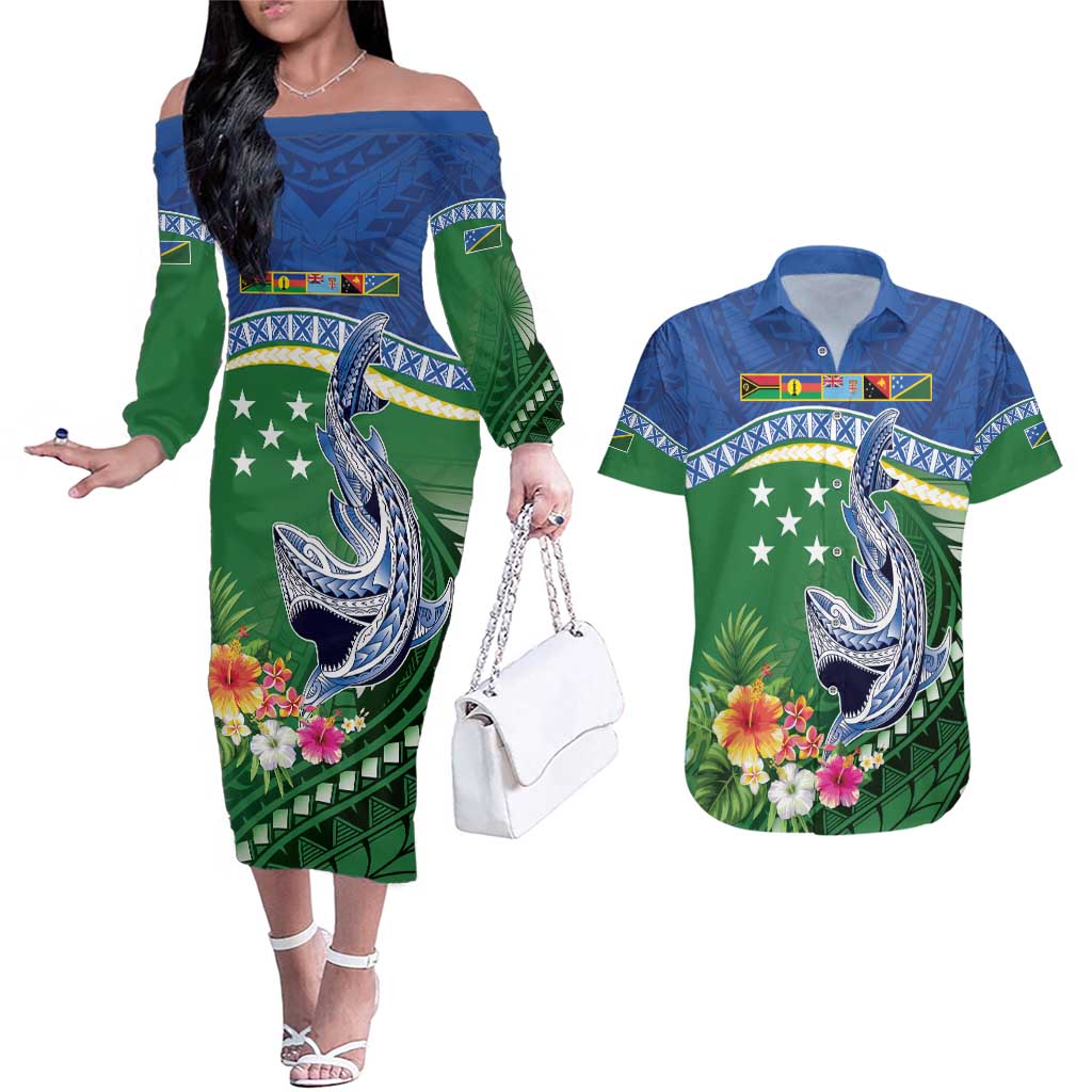 Melanesian Solomon Islands Couples Matching Off The Shoulder Long Sleeve Dress and Hawaiian Shirt Tropical Shark Tattoo LT9 Blue - Polynesian Pride