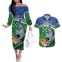 Melanesian Solomon Islands Couples Matching Off The Shoulder Long Sleeve Dress and Hawaiian Shirt Tropical Shark Tattoo LT9 Blue - Polynesian Pride
